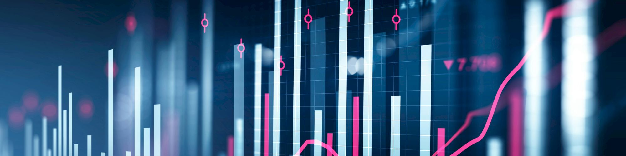 A futuristic stock or financial chart with bars, lines, and red/pink indicators, showing market data and trends.